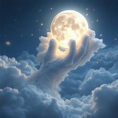 The primary subject of the image is a hand holding a moon. The setting is a cloudy sky, and the visual style is digital art. The dominant colors are white and blue, creating a serene and peaceful atmosphere.